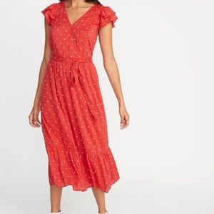 Red Polka Dot Wrap Midi Dress